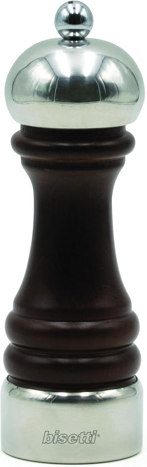 Bisetti Messina Walnut Stained Beechwood Pepper Mill With Pewter Head and Base, 16.5 cm / 6.5 Inches