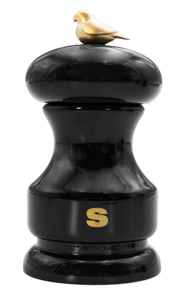 Bisetti Bird Black Lacquered Beechwood Salt Mill With Adjustable Grinder, 11 cm / 4.33 Inch