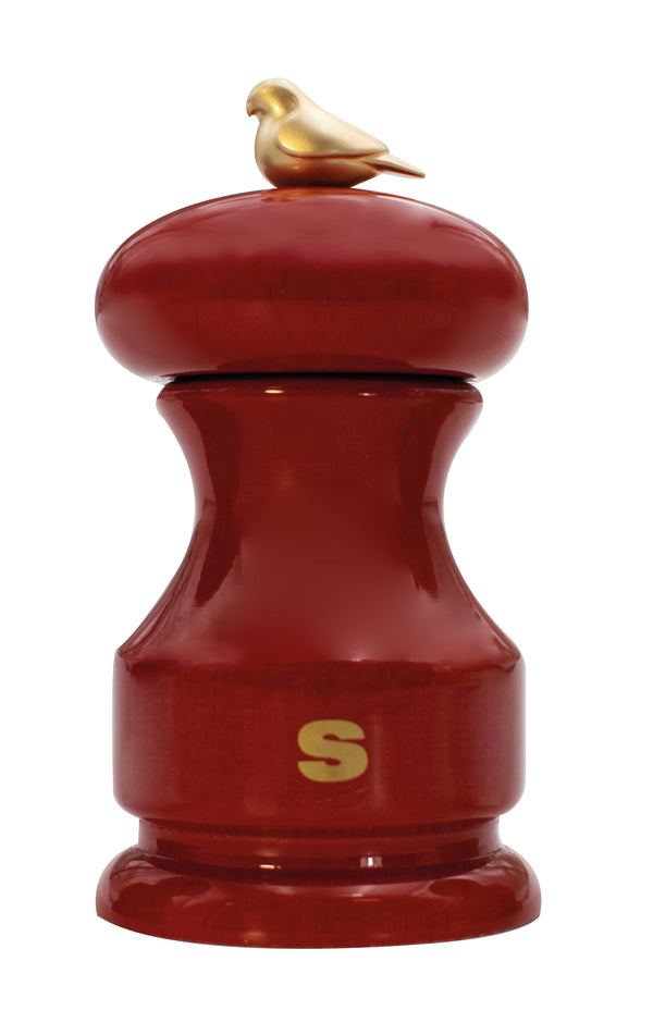 Bisetti Bird Red Lacquered Beechwood Salt Mill With Adjustable Grinder, 11 cm / 4.33 Inch