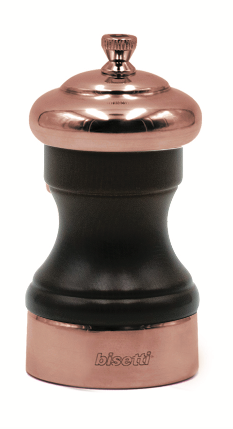 Bisetti Messina Walnut Stained Beechwood Salt Mill With Copper Head and Base and Adjustable Grinder, 10 cm / 3.9 Inches