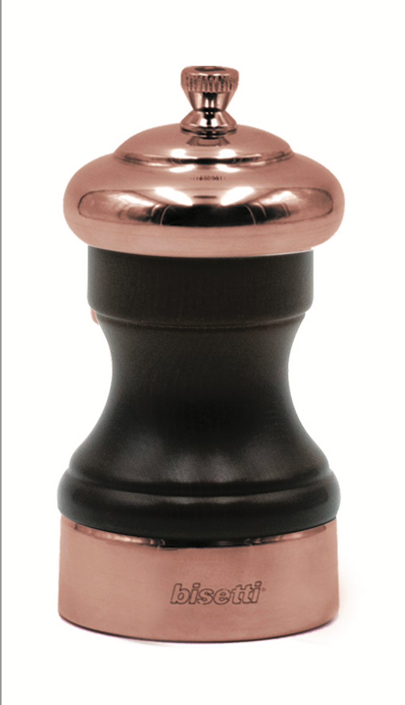 Bisetti Messina Walnut Stained Beechwood Pepper Mill With Copper Head and Base, 10 cm / 3.9 Inches