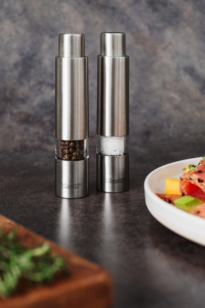 Bisetti Push Button Stainless Steel and Acrylic Pepper Mill Grinder, 14.5 cm / 5.7 Inch